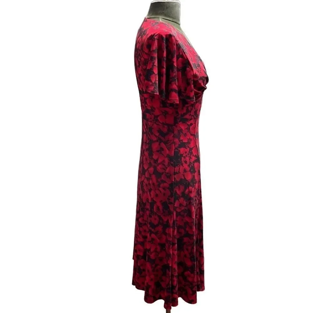 CHAPS Red Black Floral V-Neck Dress Small | Date Night Office Fall Chic Movie